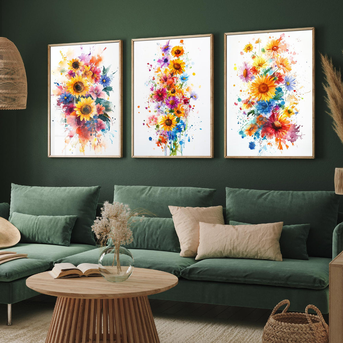 Watercolour Sunflower Set of Three Art Prints - 3 Bold Wildflower Posters - Vibrant Botanical Painting Wall Art Gift Floral V6