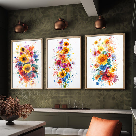 Watercolour Sunflower Set of Three Art Prints - 3 Bold Wildflower Posters - Vibrant Botanical Painting Wall Art Gift Floral V6