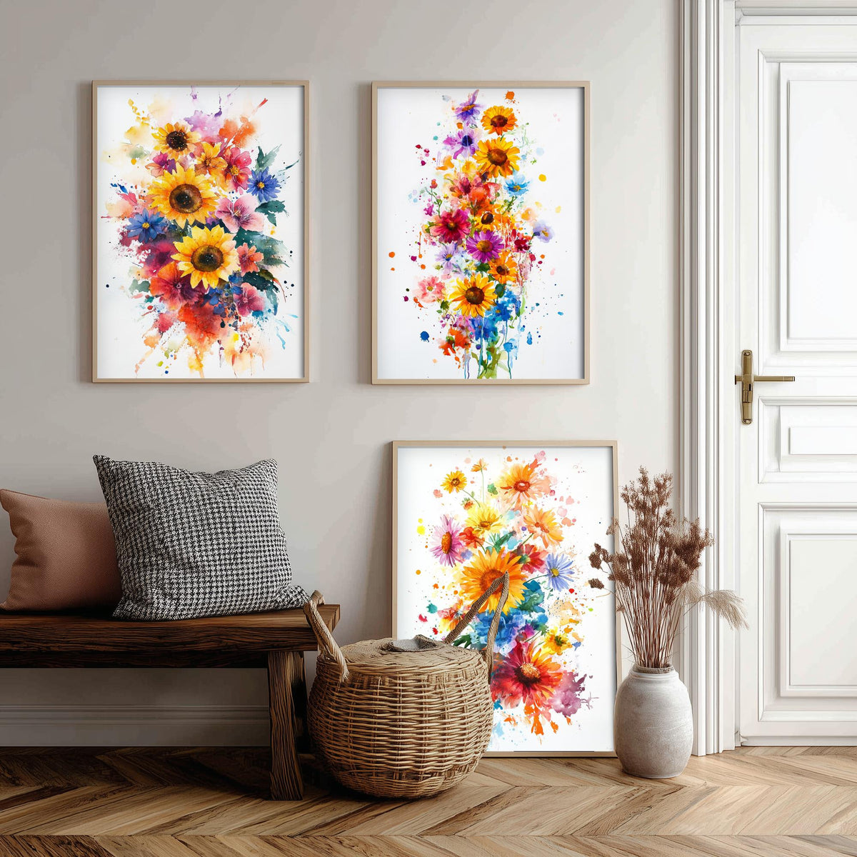 Watercolour Sunflower Set of Three Art Prints - 3 Bold Wildflower Posters - Vibrant Botanical Painting Wall Art Gift Floral V6