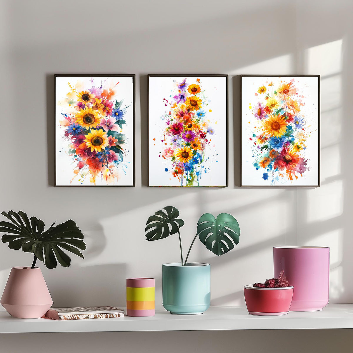 Watercolour Sunflower Set of Three Art Prints - 3 Bold Wildflower Posters - Vibrant Botanical Painting Wall Art Gift Floral V6