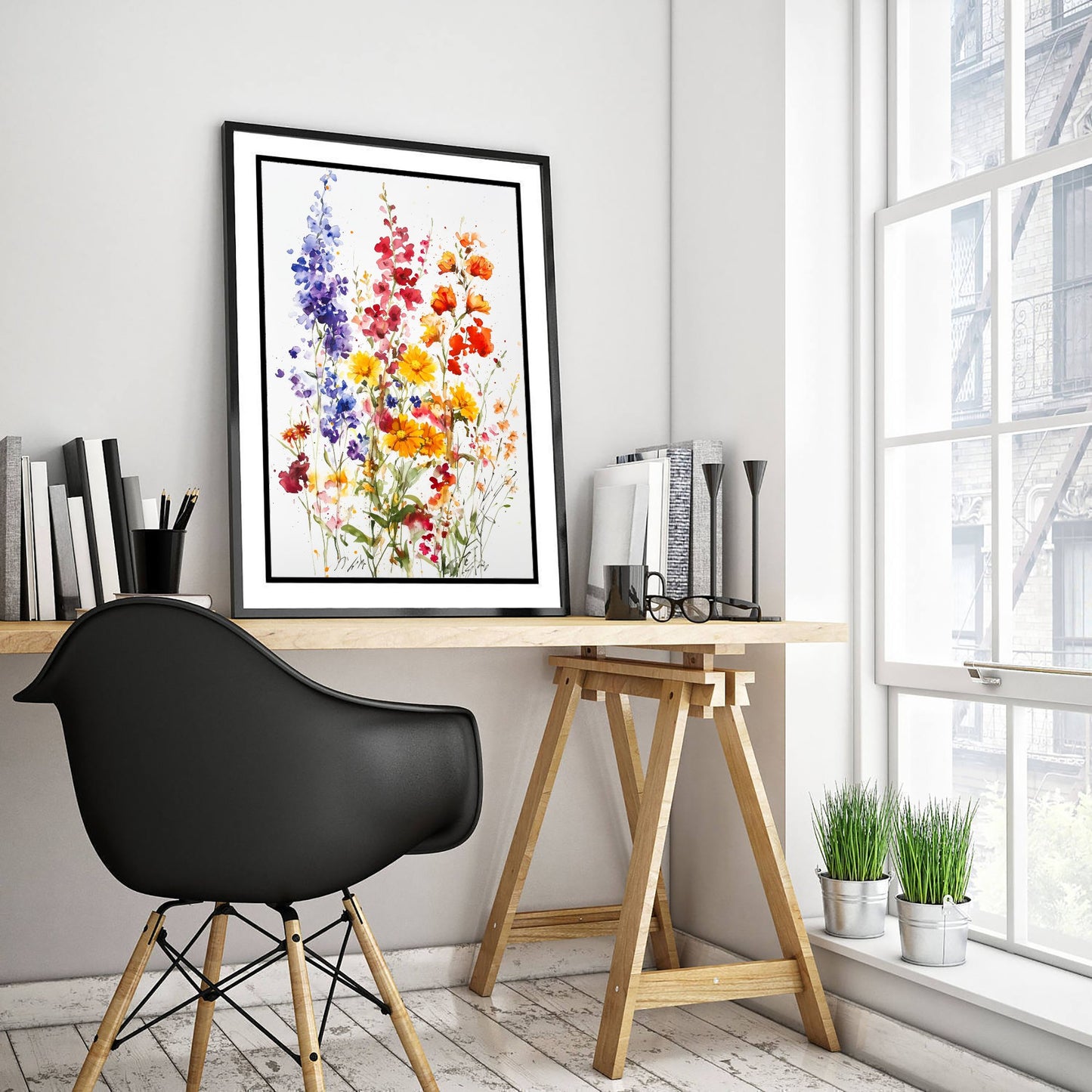 Watercolour Poppy Art Print - Wildflower Meadow Painting Poster - Emotive Botanical - Purple Delphiniums V7 2/3