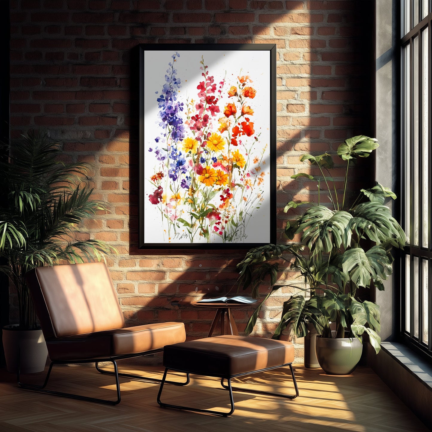 Watercolour Poppy Art Print - Wildflower Meadow Painting Poster - Emotive Botanical - Purple Delphiniums V7 2/3