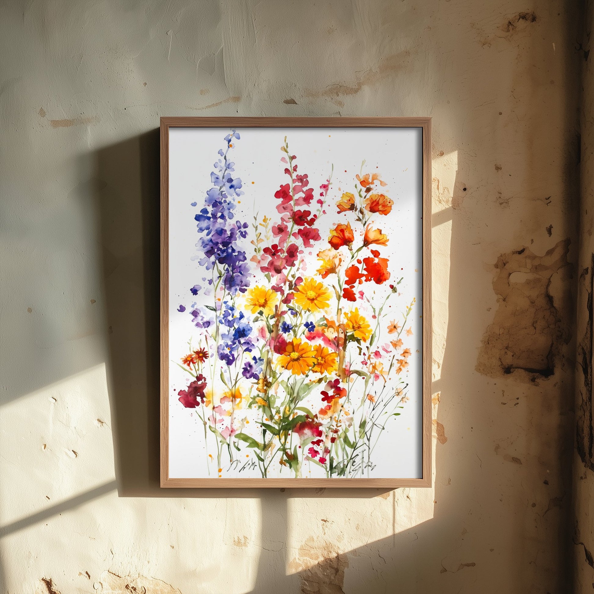 Watercolour Poppy Art Print - Wildflower Meadow Painting Poster - Emotive Botanical - Purple Delphiniums V7 2/3