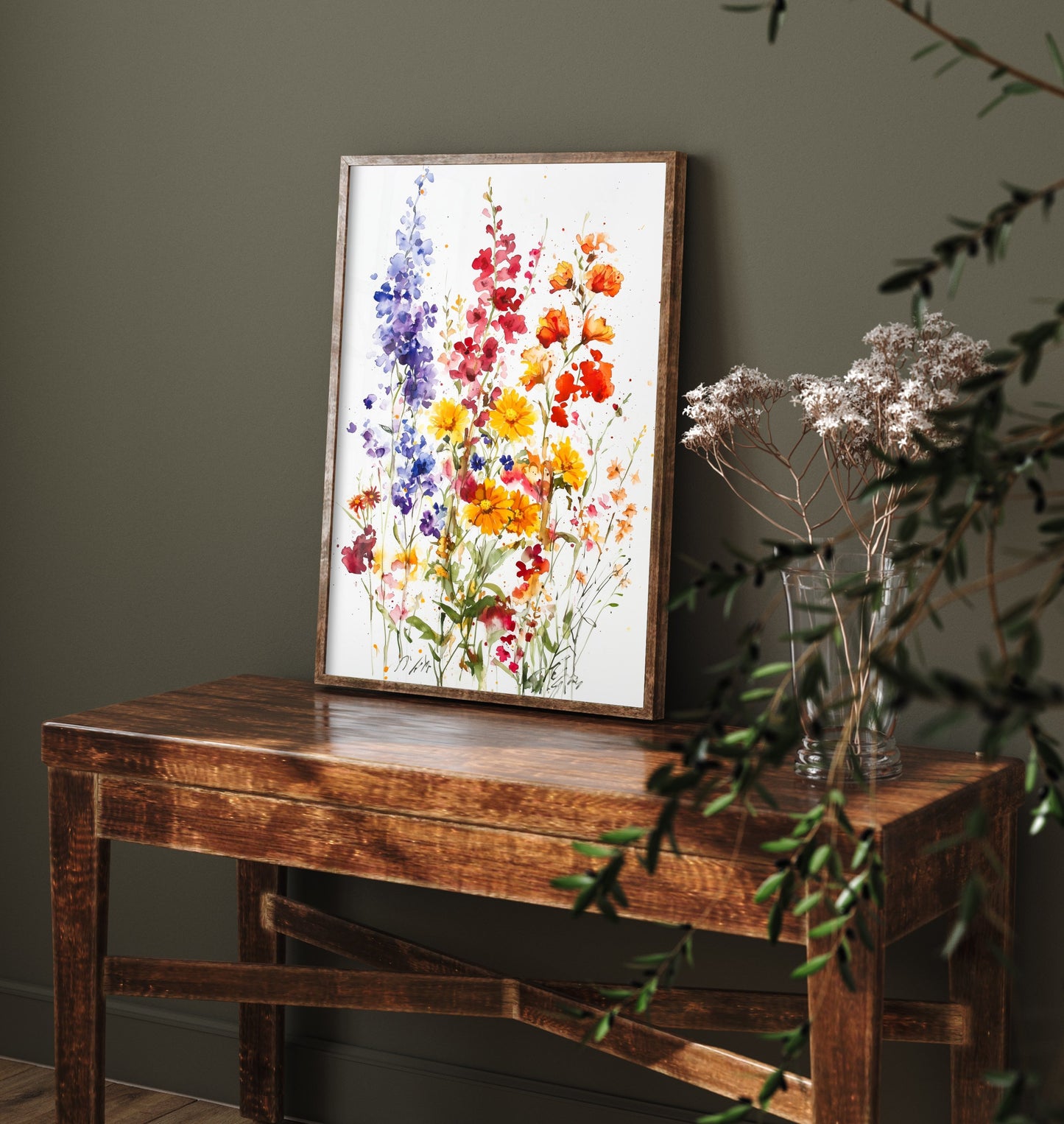 Watercolour Poppy Art Print - Wildflower Meadow Painting Poster - Emotive Botanical - Purple Delphiniums V7 2/3