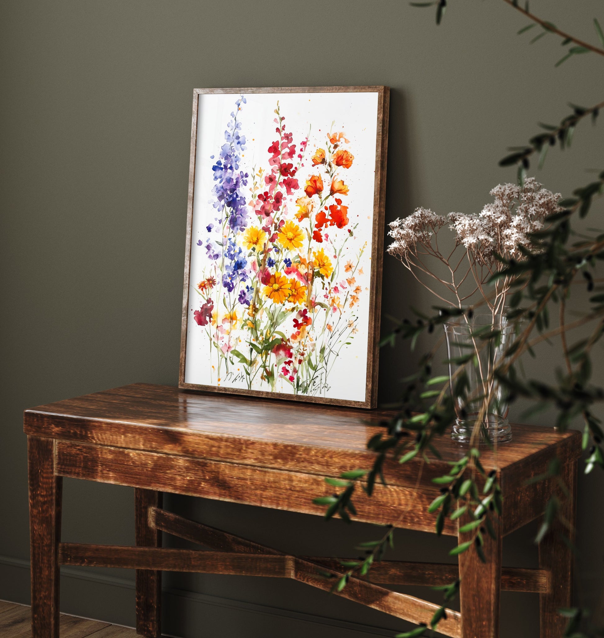 Watercolour Poppy Art Print - Wildflower Meadow Painting Poster - Emotive Botanical - Purple Delphiniums V7 2/3