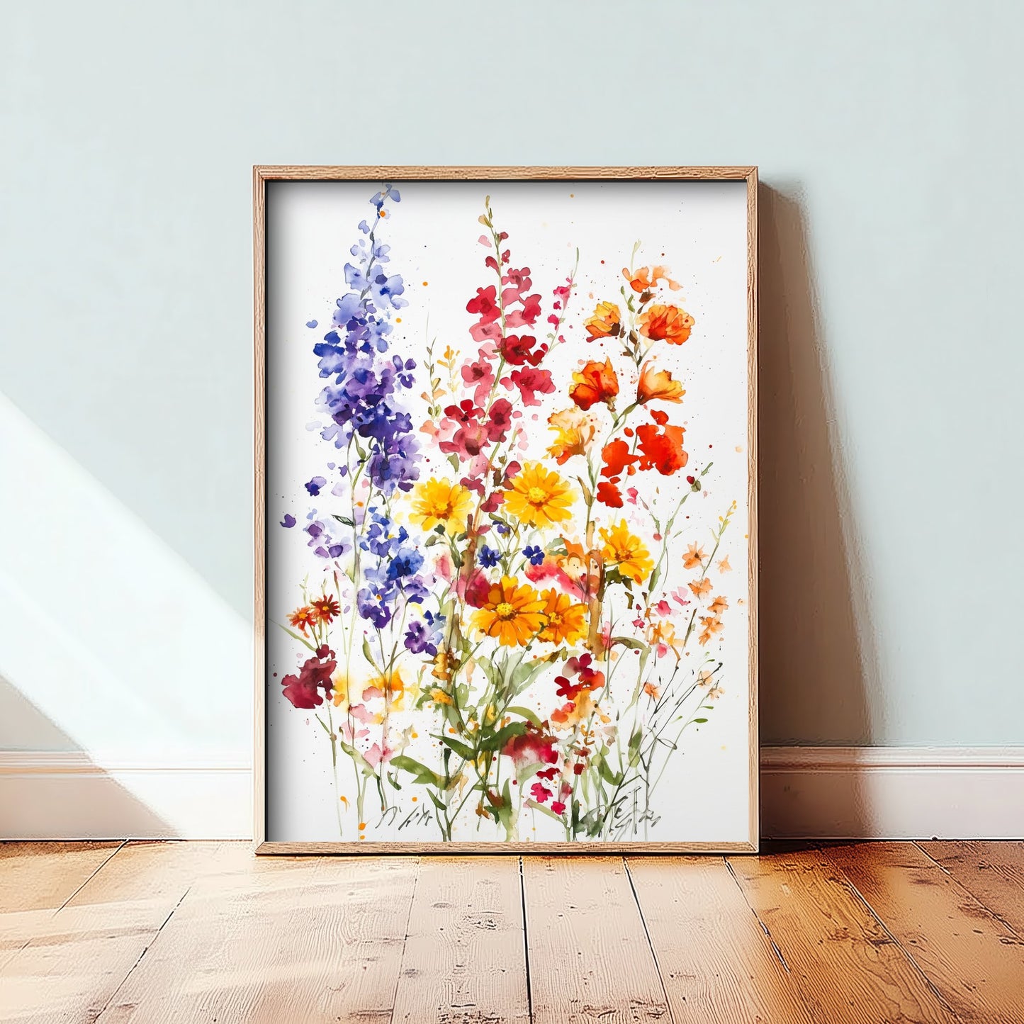 Watercolour Poppy Art Print - Wildflower Meadow Painting Poster - Emotive Botanical - Purple Delphiniums V7 2/3
