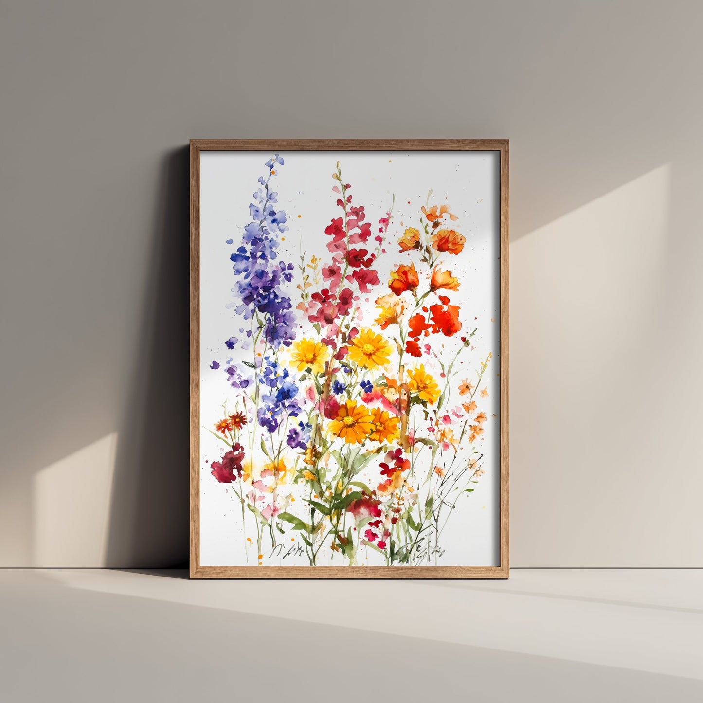 Watercolour Poppy Art Print - Wildflower Meadow Painting Poster - Emotive Botanical - Purple Delphiniums V7 2/3