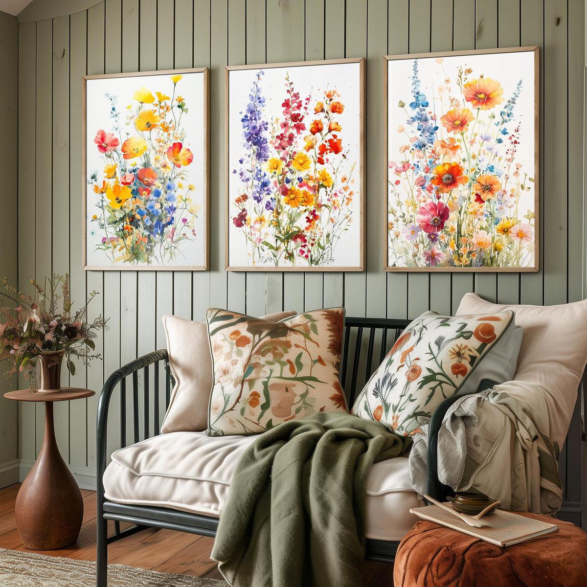 Watercolour Wildflower Set of Three Art Prints - 3 Poppy Delphinium Posters - Garden Botanical Painting Wall Art Gift Meadow V7