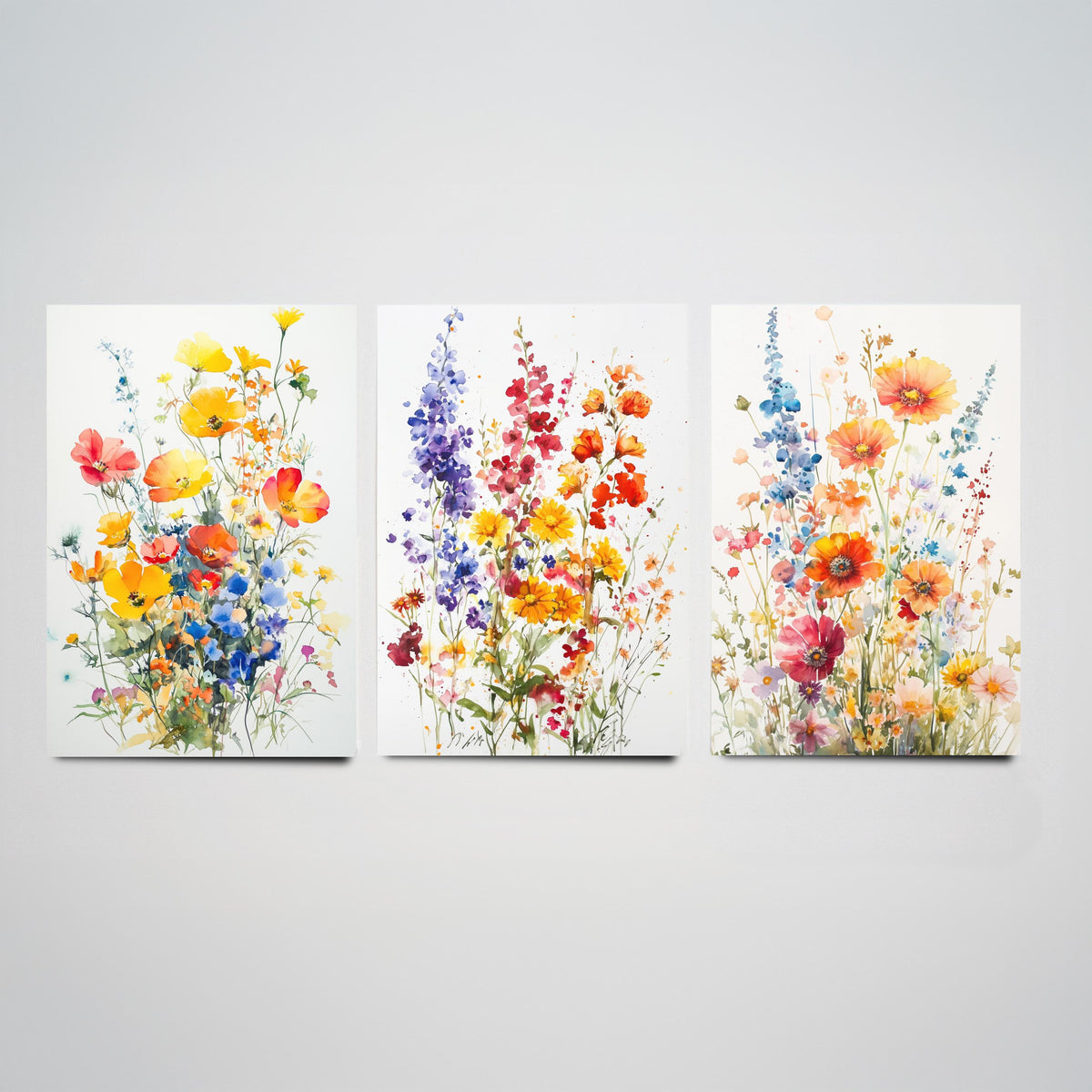 Watercolour Wildflower Set of Three Art Prints - 3 Poppy Delphinium Posters - Garden Botanical Painting Wall Art Gift Meadow V7