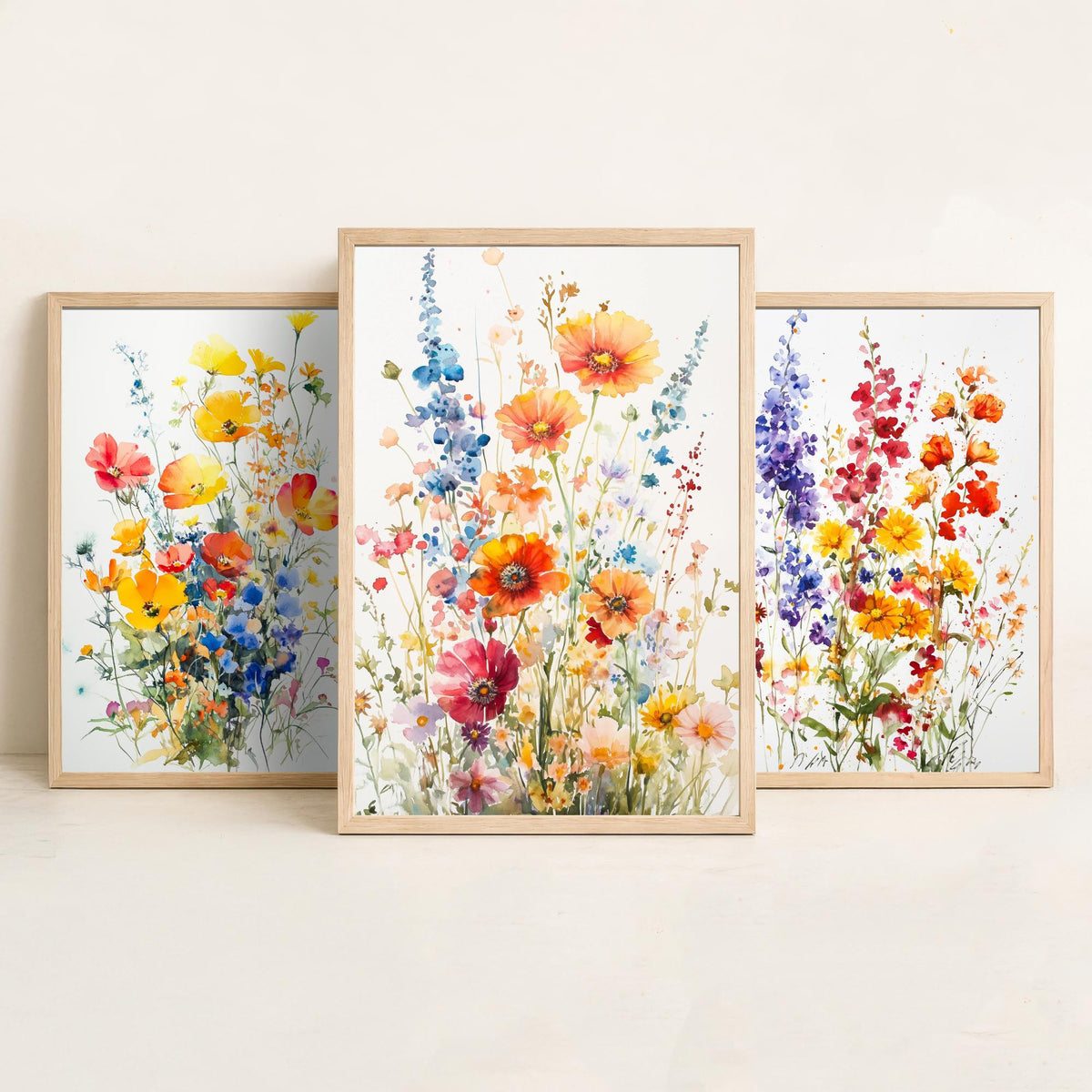 Watercolour Wildflower Set of Three Art Prints - 3 Poppy Delphinium Posters - Garden Botanical Painting Wall Art Gift Meadow V7