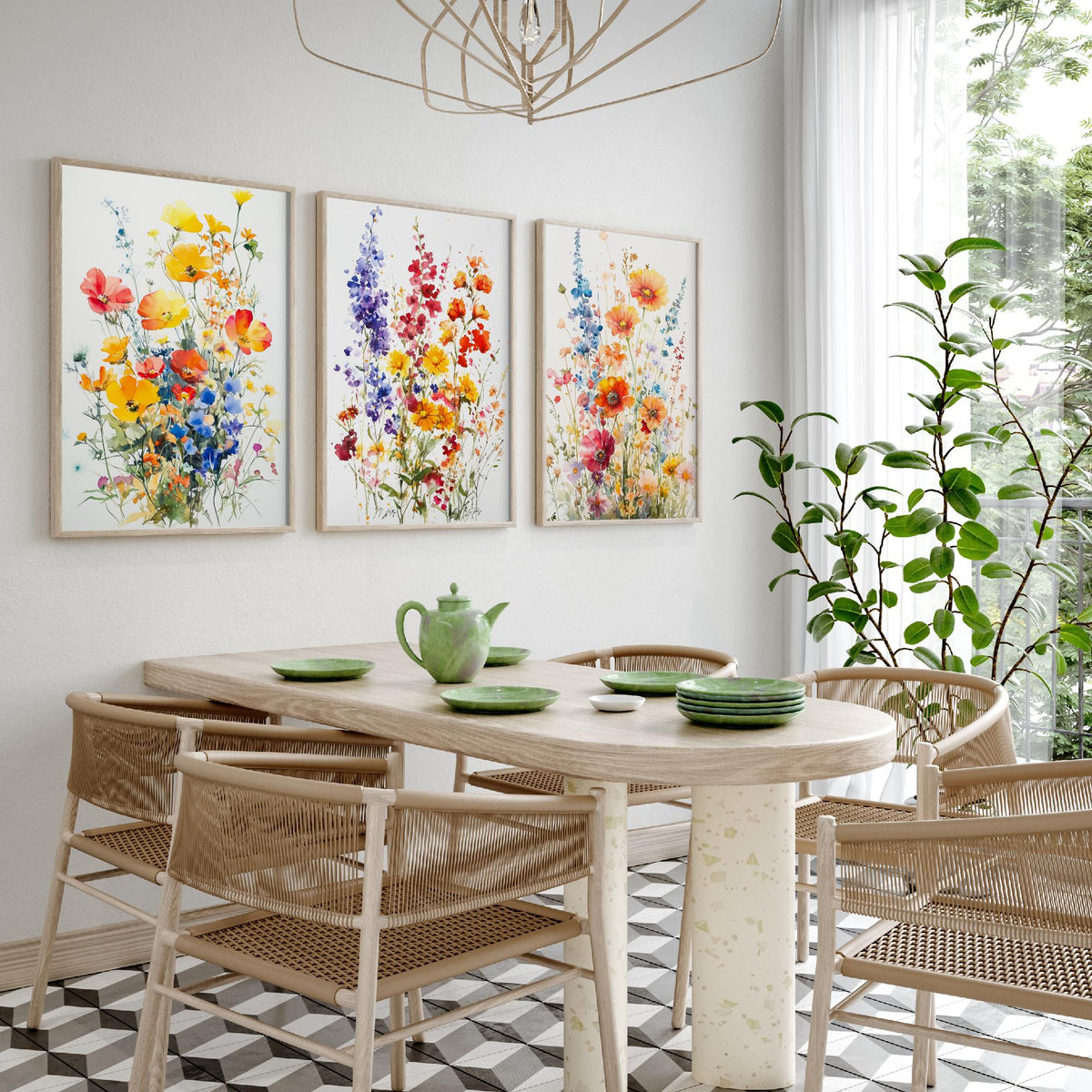 Watercolour Wildflower Set of Three Art Prints - 3 Poppy Delphinium Posters - Garden Botanical Painting Wall Art Gift Meadow V7