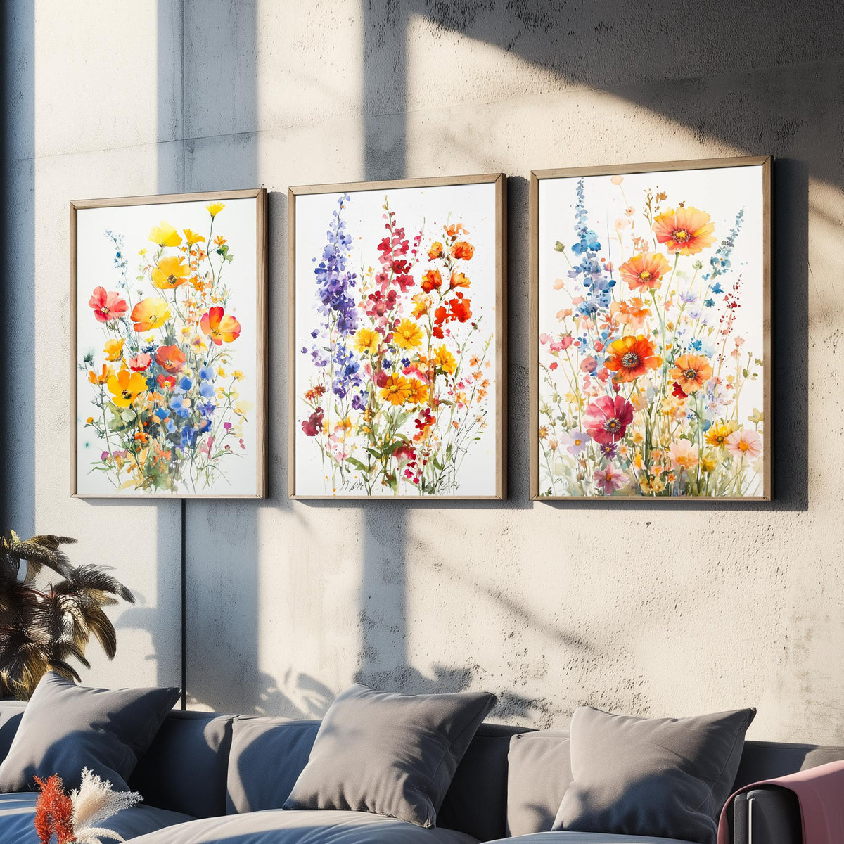 Watercolour Wildflower Set of Three Art Prints - 3 Poppy Delphinium Posters - Garden Botanical Painting Wall Art Gift Meadow V7