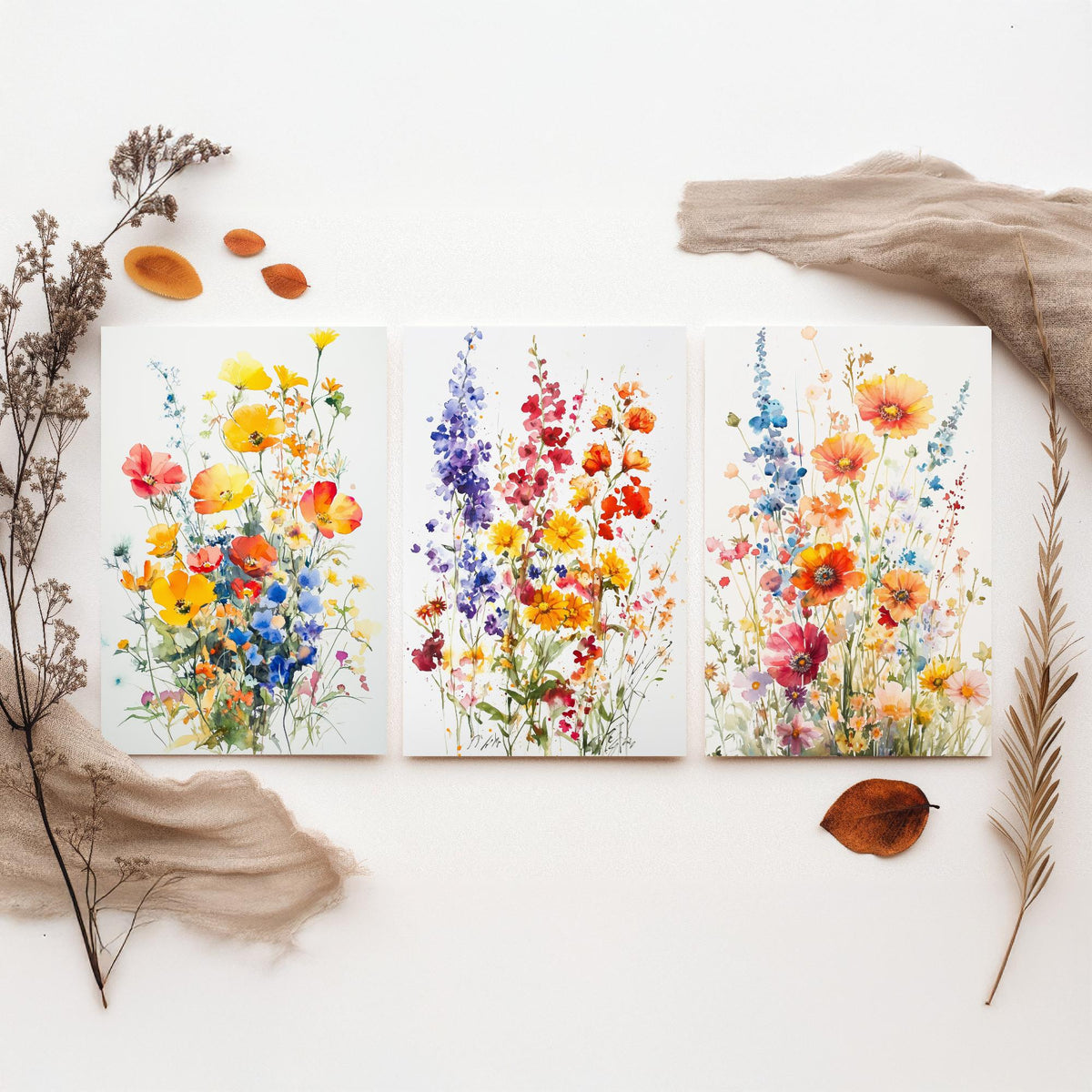 Watercolour Wildflower Set of Three Art Prints - 3 Poppy Delphinium Posters - Garden Botanical Painting Wall Art Gift Meadow V7