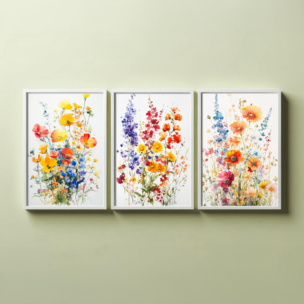 Watercolour Wildflower Set of Three Art Prints - 3 Poppy Delphinium Posters - Garden Botanical Painting Wall Art Gift Meadow V7