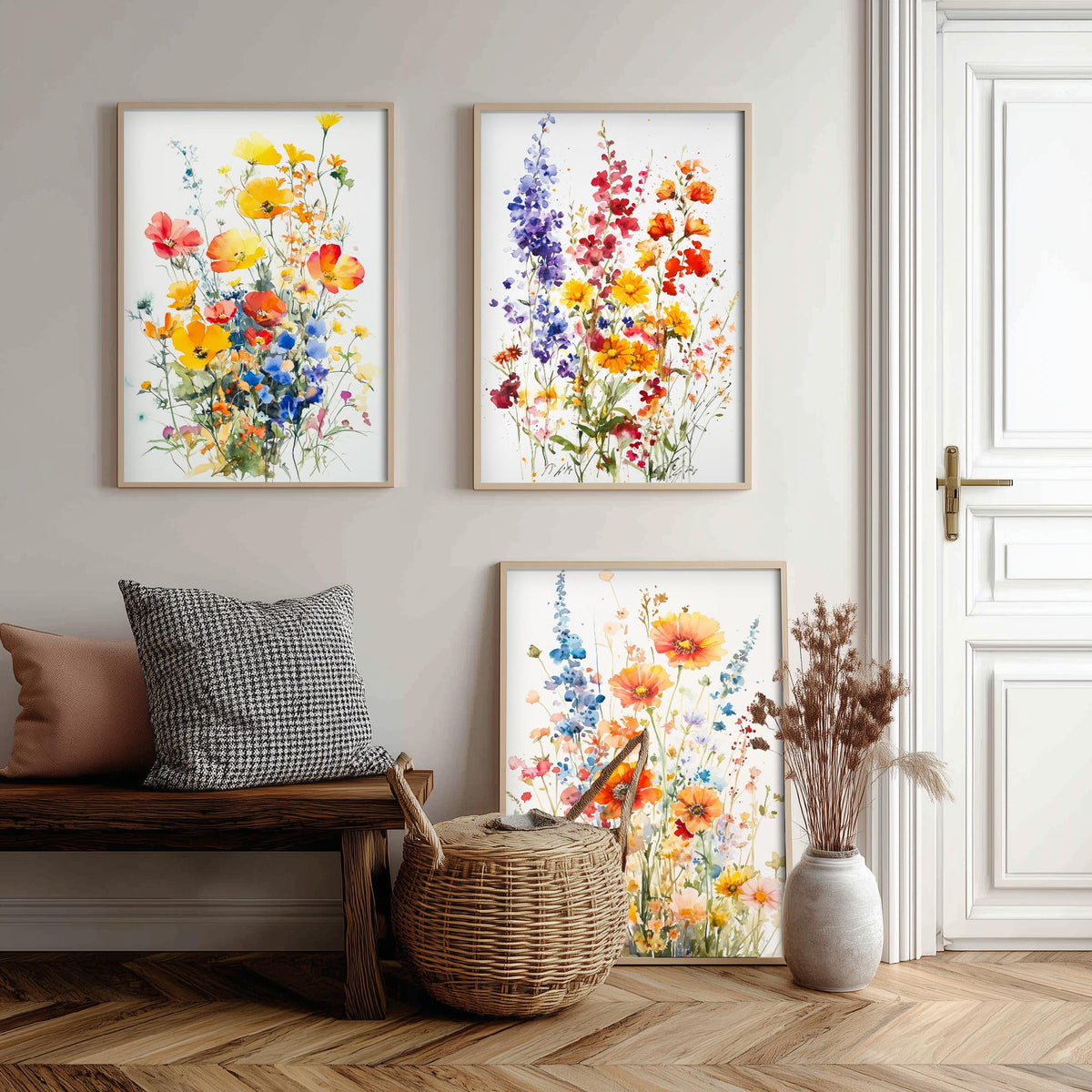 Watercolour Wildflower Set of Three Art Prints - 3 Poppy Delphinium Posters - Garden Botanical Painting Wall Art Gift Meadow V7