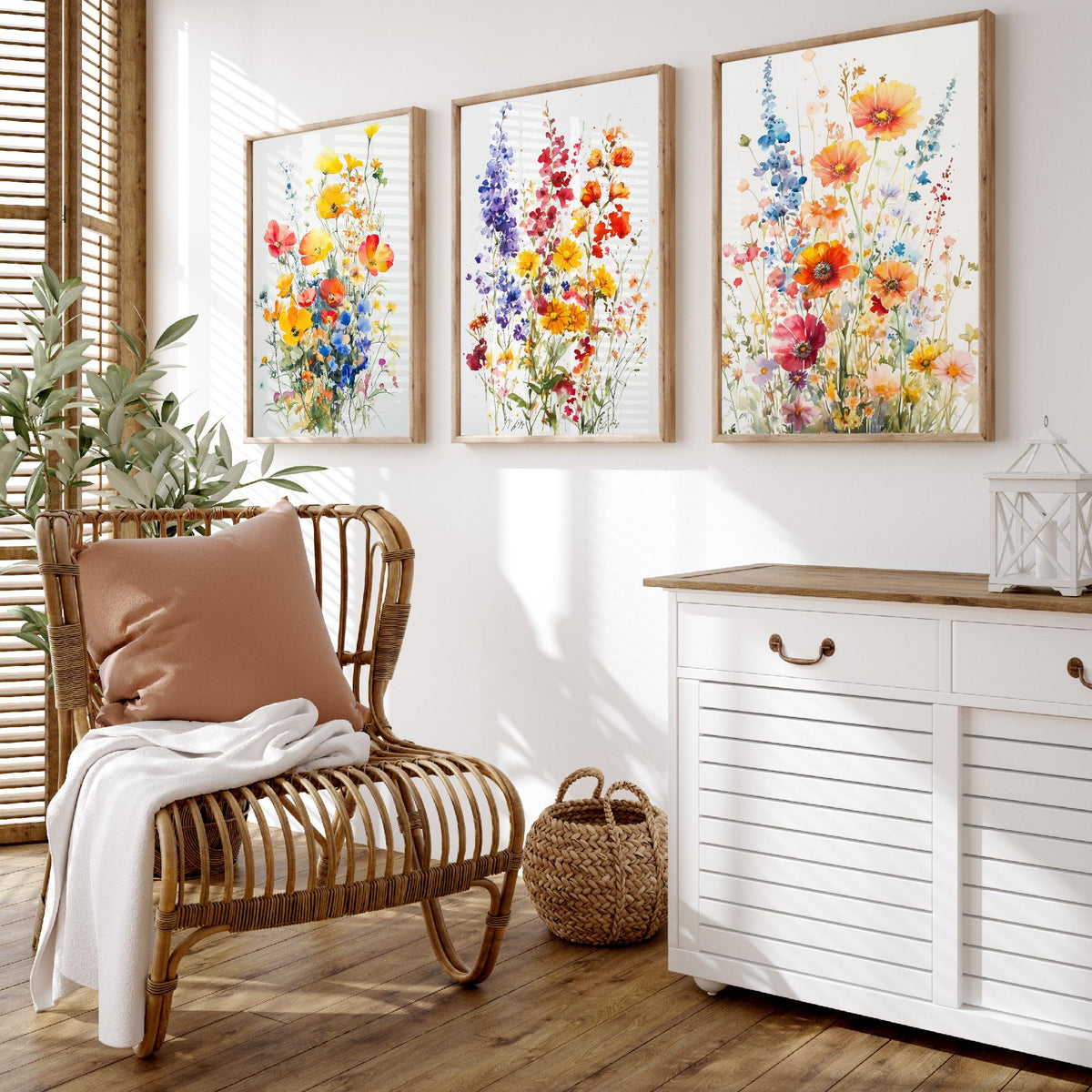 Watercolour Wildflower Set of Three Art Prints - 3 Poppy Delphinium Posters - Garden Botanical Painting Wall Art Gift Meadow V7