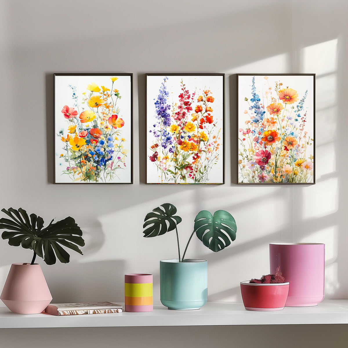 Watercolour Wildflower Set of Three Art Prints - 3 Poppy Delphinium Posters - Garden Botanical Painting Wall Art Gift Meadow V7