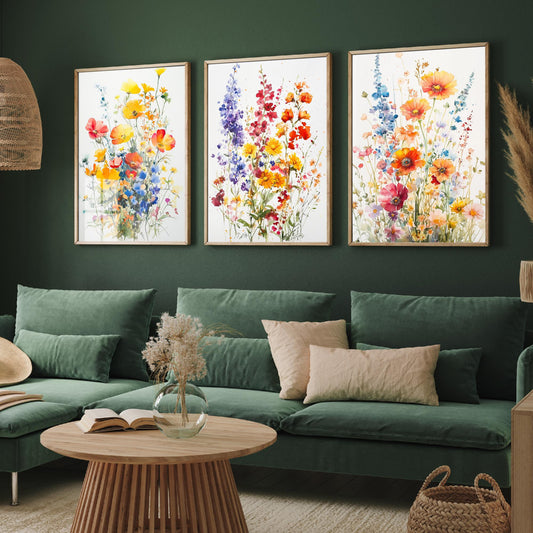 Watercolour Wildflower Set of Three Art Prints - 3 Poppy Delphinium Posters - Garden Botanical Painting Wall Art Gift Meadow V7