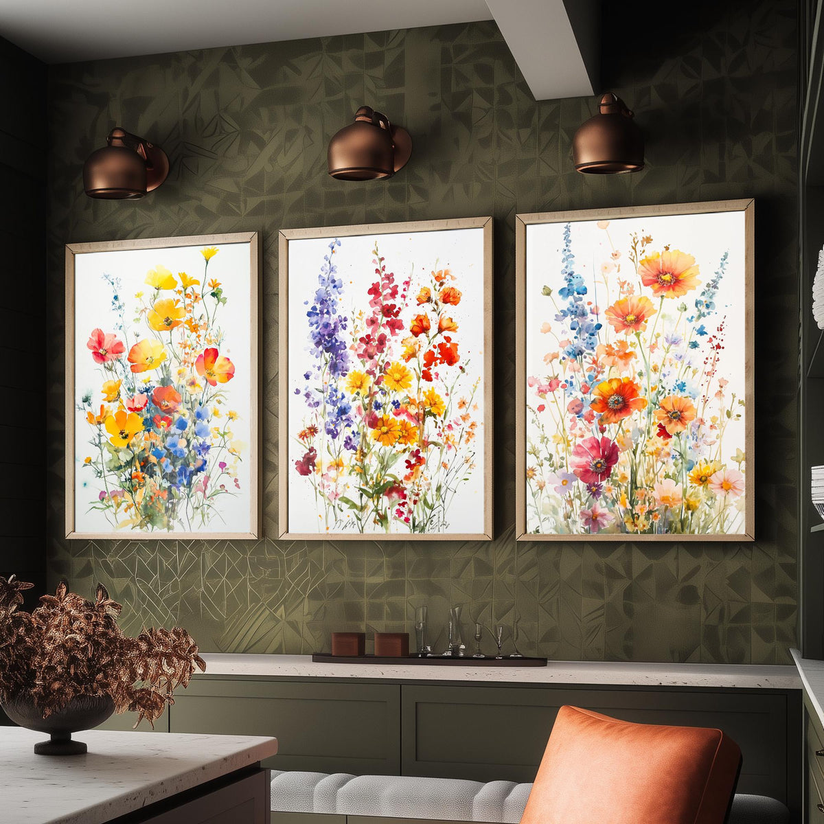 Watercolour Wildflower Set of Three Art Prints - 3 Poppy Delphinium Posters - Garden Botanical Painting Wall Art Gift Meadow V7