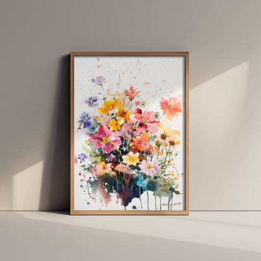 Watercolour Wildflower Art Print - Warm Floral Painting Poster - Emotive Cosmos Blooms - Purple and Pink V8 2/3