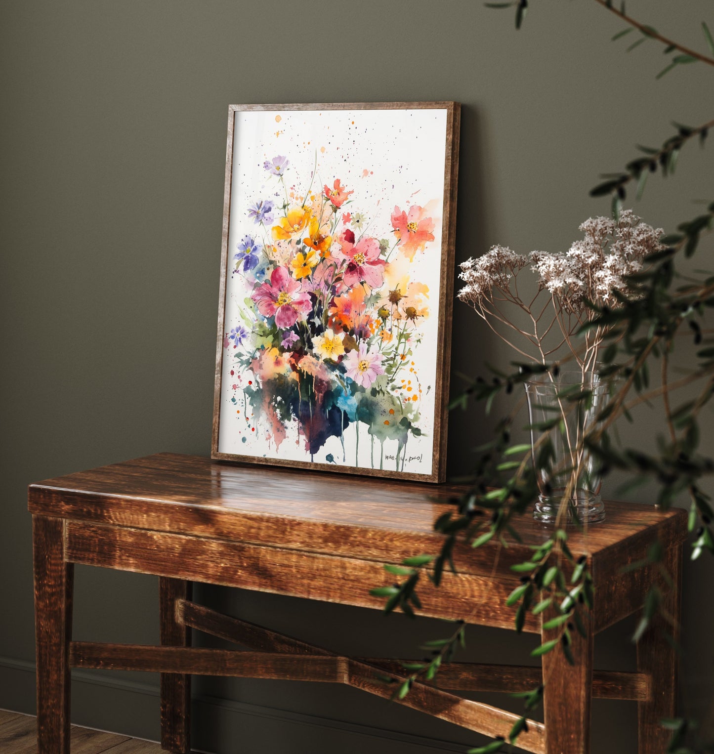Watercolour Wildflower Art Print - Warm Floral Painting Poster - Emotive Cosmos Blooms - Purple and Pink V8 2/3