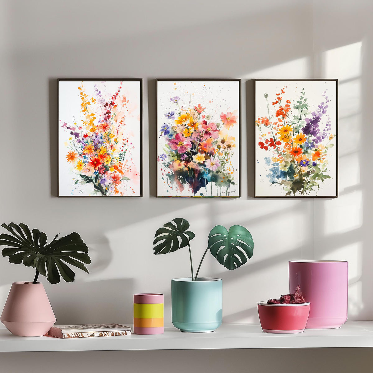 Watercolour Bouquet Set of Three Art Prints - 3 Wildflower Posters - Warm Botanical Painting Wall Art Gift Floral Home Decor V8