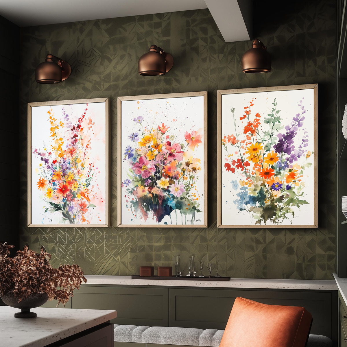 Watercolour Bouquet Set of Three Art Prints - 3 Wildflower Posters - Warm Botanical Painting Wall Art Gift Floral Home Decor V8