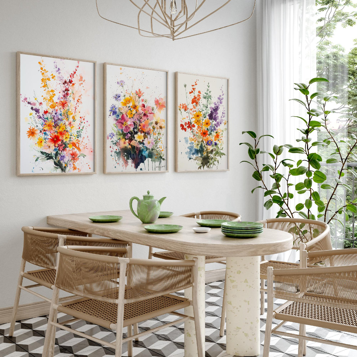 Watercolour Bouquet Set of Three Art Prints - 3 Wildflower Posters - Warm Botanical Painting Wall Art Gift Floral Home Decor V8