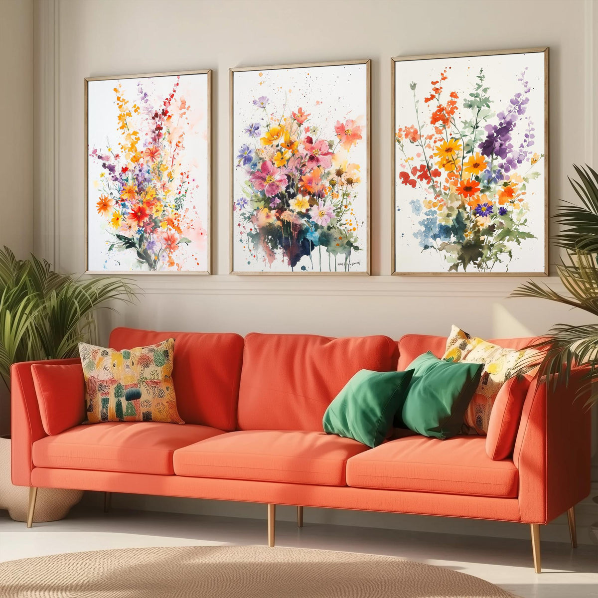 Watercolour Bouquet Set of Three Art Prints - 3 Wildflower Posters - Warm Botanical Painting Wall Art Gift Floral Home Decor V8