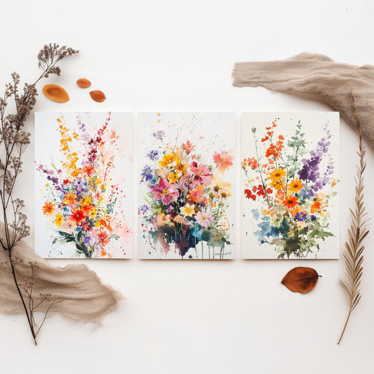 Watercolour Bouquet Set of Three Art Prints - 3 Wildflower Posters - Warm Botanical Painting Wall Art Gift Floral Home Decor V8
