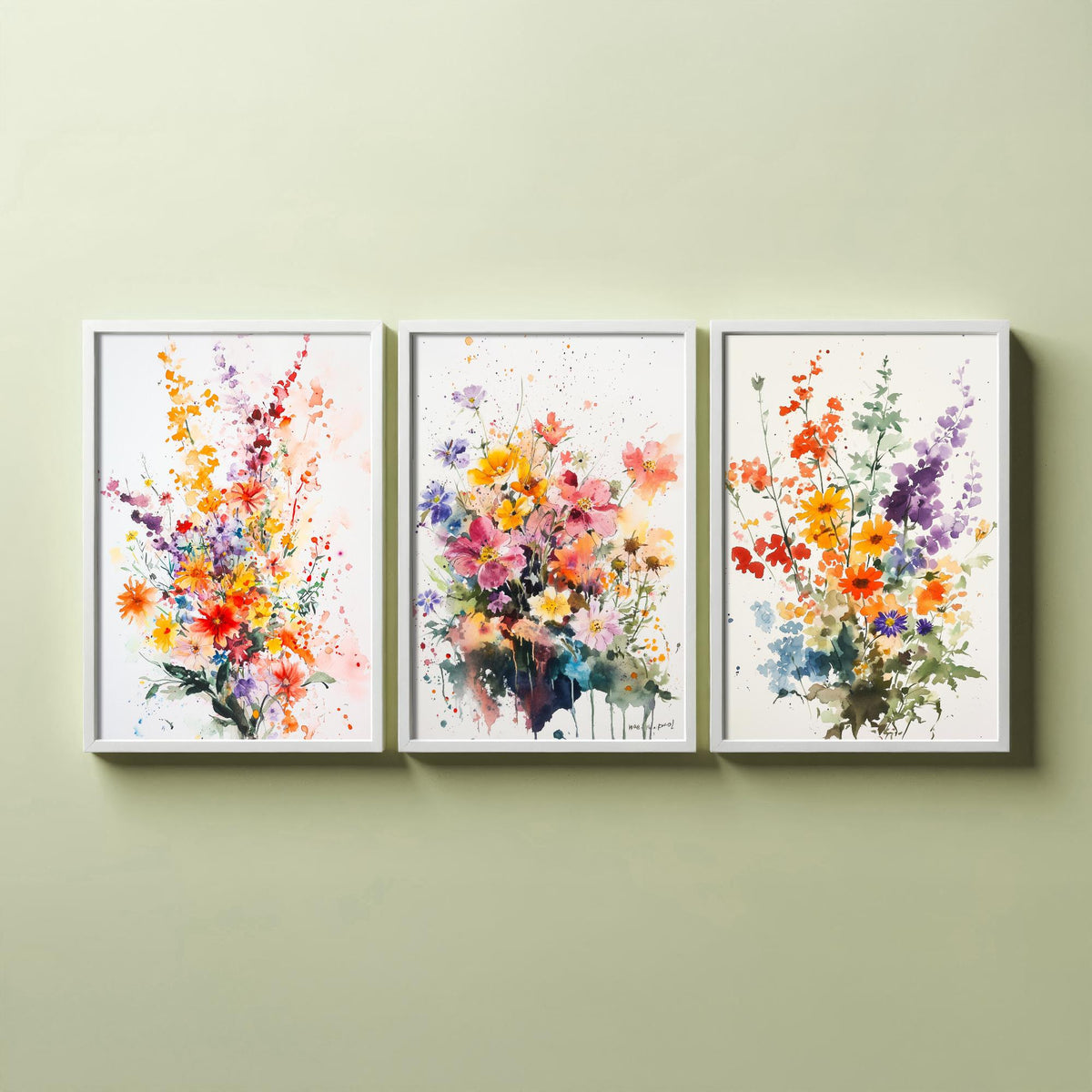 Watercolour Bouquet Set of Three Art Prints - 3 Wildflower Posters - Warm Botanical Painting Wall Art Gift Floral Home Decor V8