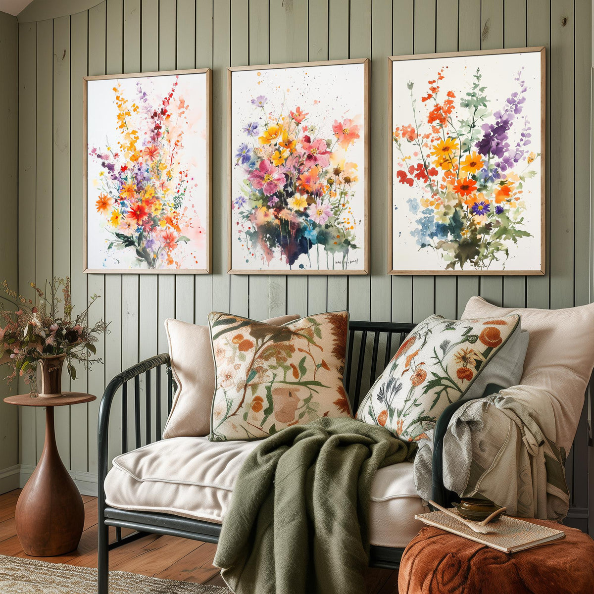 Watercolour Bouquet Set of Three Art Prints - 3 Wildflower Posters - Warm Botanical Painting Wall Art Gift Floral Home Decor V8