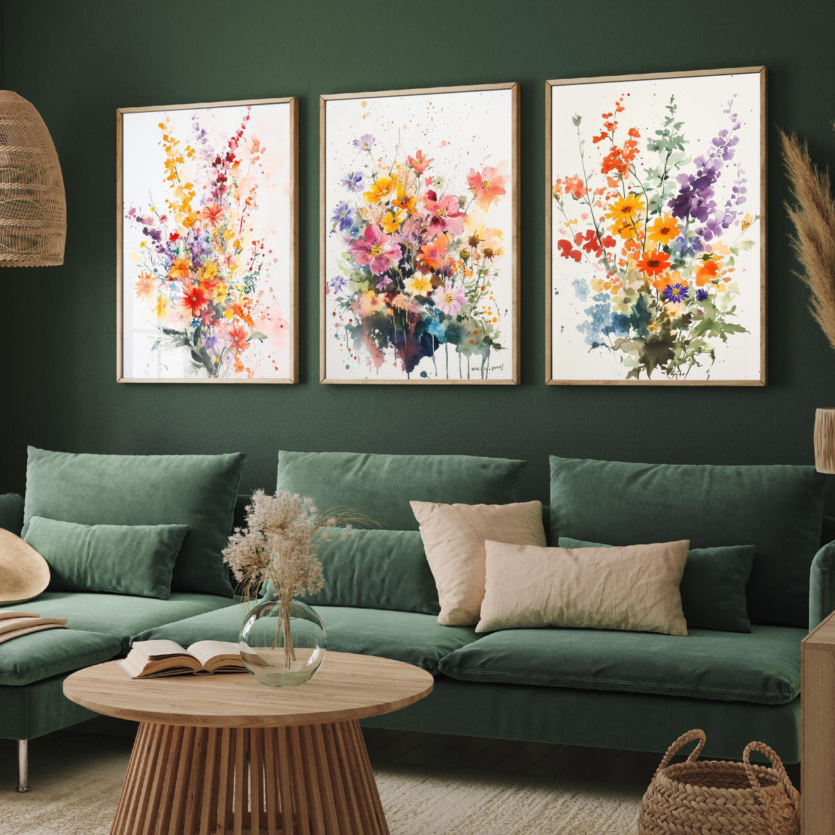 Watercolour Bouquet Set of Three Art Prints - 3 Wildflower Posters - Warm Botanical Painting Wall Art Gift Floral Home Decor V8
