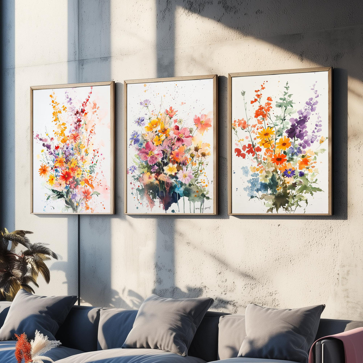 Watercolour Bouquet Set of Three Art Prints - 3 Wildflower Posters - Warm Botanical Painting Wall Art Gift Floral Home Decor V8