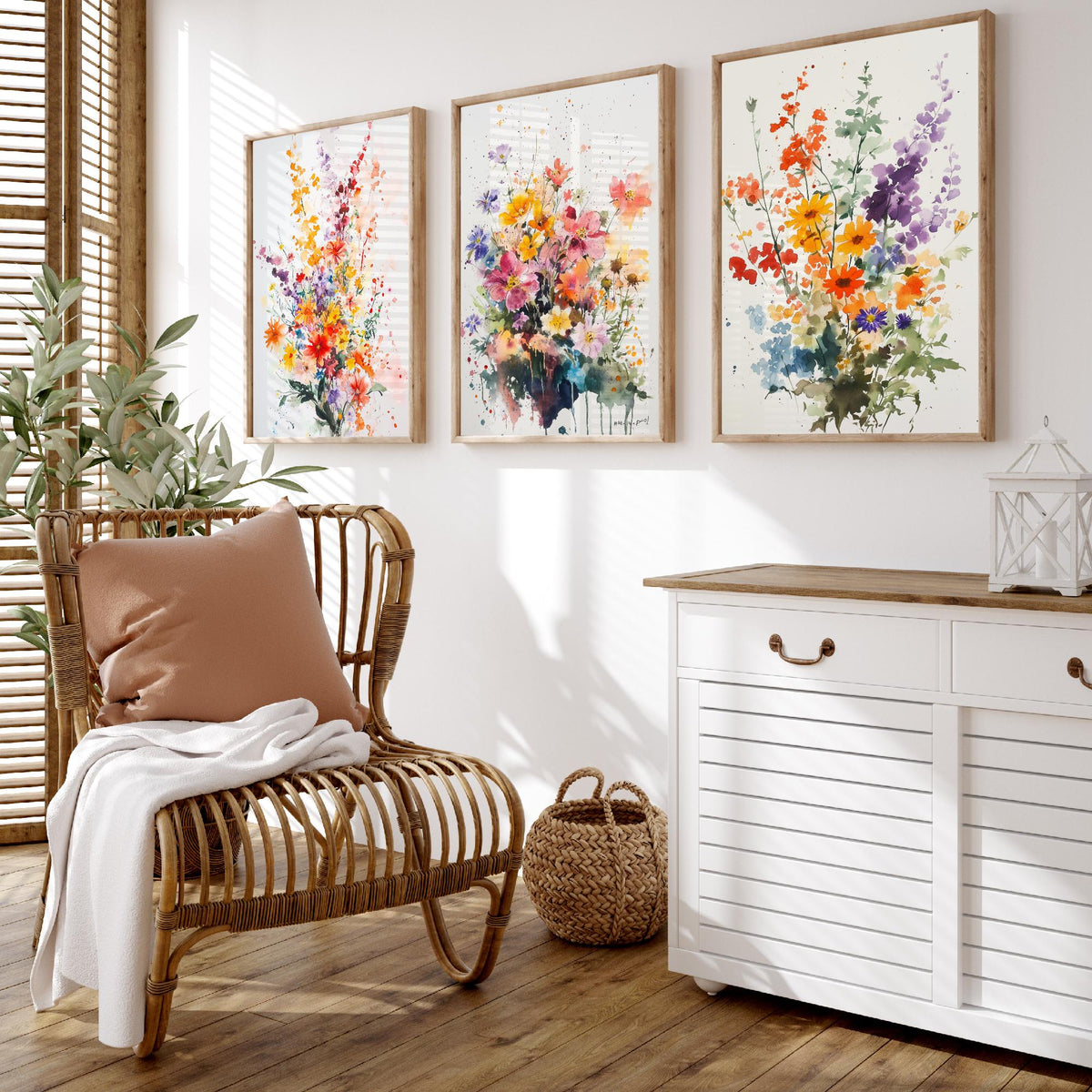 Watercolour Bouquet Set of Three Art Prints - 3 Wildflower Posters - Warm Botanical Painting Wall Art Gift Floral Home Decor V8