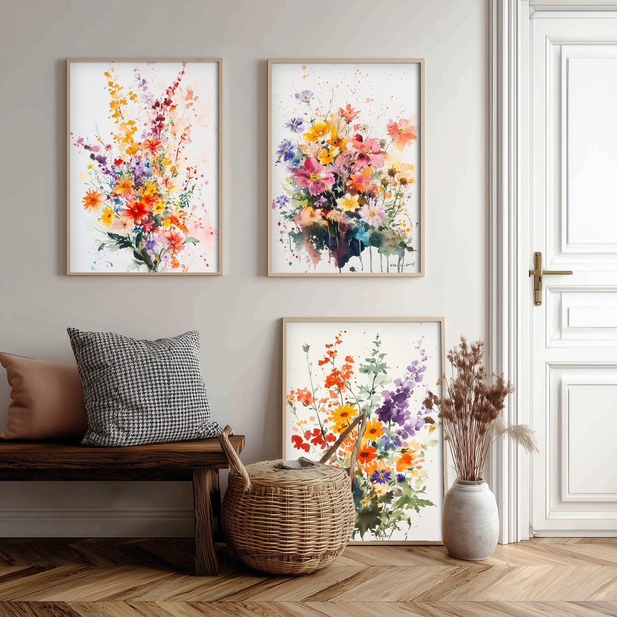 Watercolour Bouquet Set of Three Art Prints - 3 Wildflower Posters - Warm Botanical Painting Wall Art Gift Floral Home Decor V8