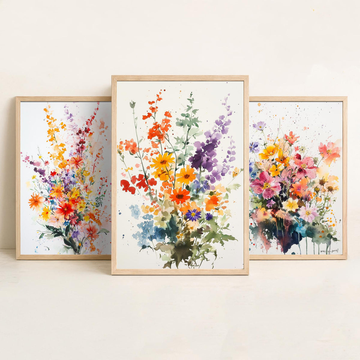 Watercolour Bouquet Set of Three Art Prints - 3 Wildflower Posters - Warm Botanical Painting Wall Art Gift Floral Home Decor V8