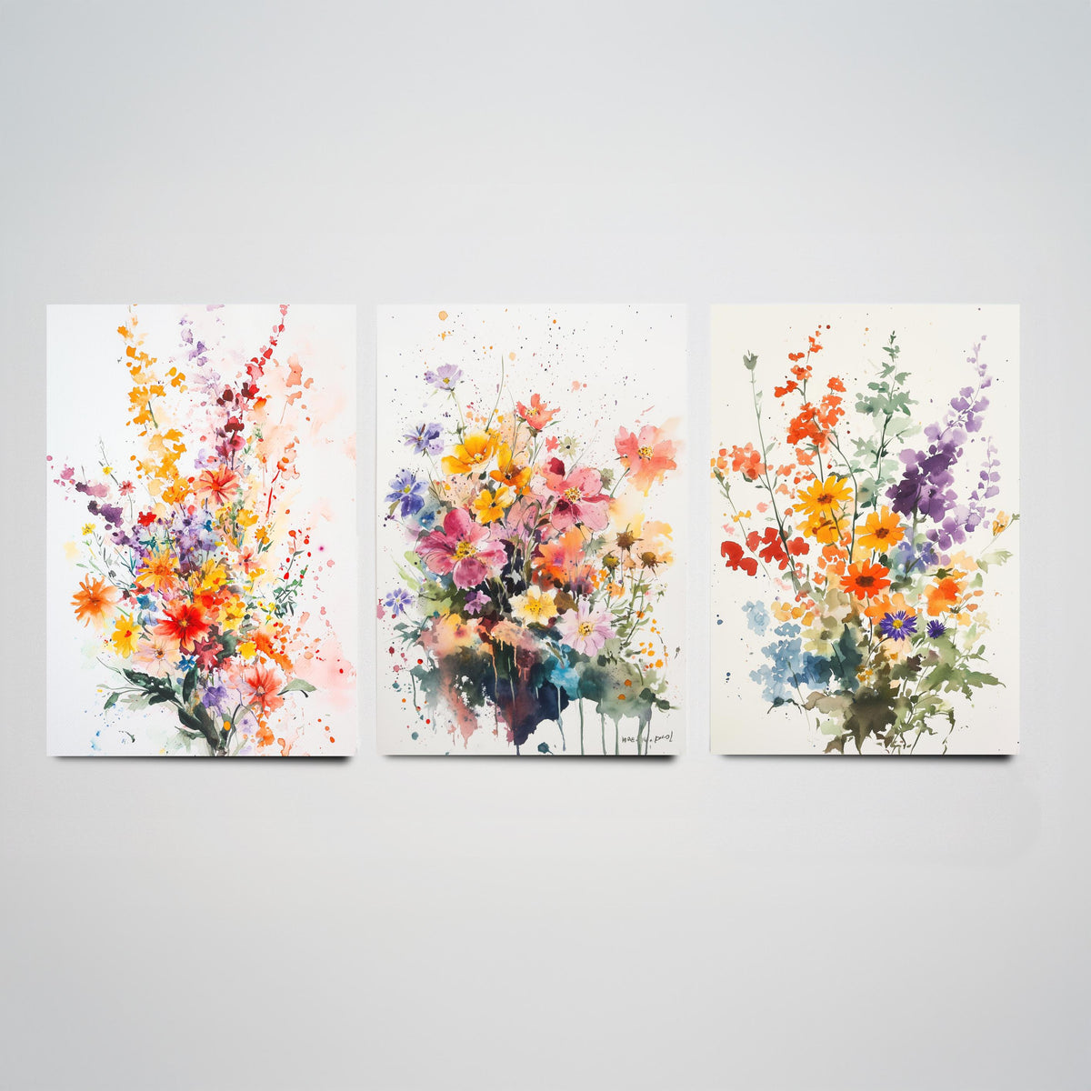 Watercolour Bouquet Set of Three Art Prints - 3 Wildflower Posters - Warm Botanical Painting Wall Art Gift Floral Home Decor V8