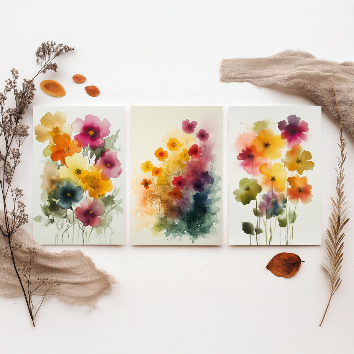Watercolour Flowers Set of Three Art Prints - 3 Soft Bloom Posters - Dreamy Botanical Painting Wall Art Gift Pastel Floral V9