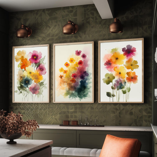 Watercolour Flowers Set of Three Art Prints - 3 Soft Bloom Posters - Dreamy Botanical Painting Wall Art Gift Pastel Floral V9