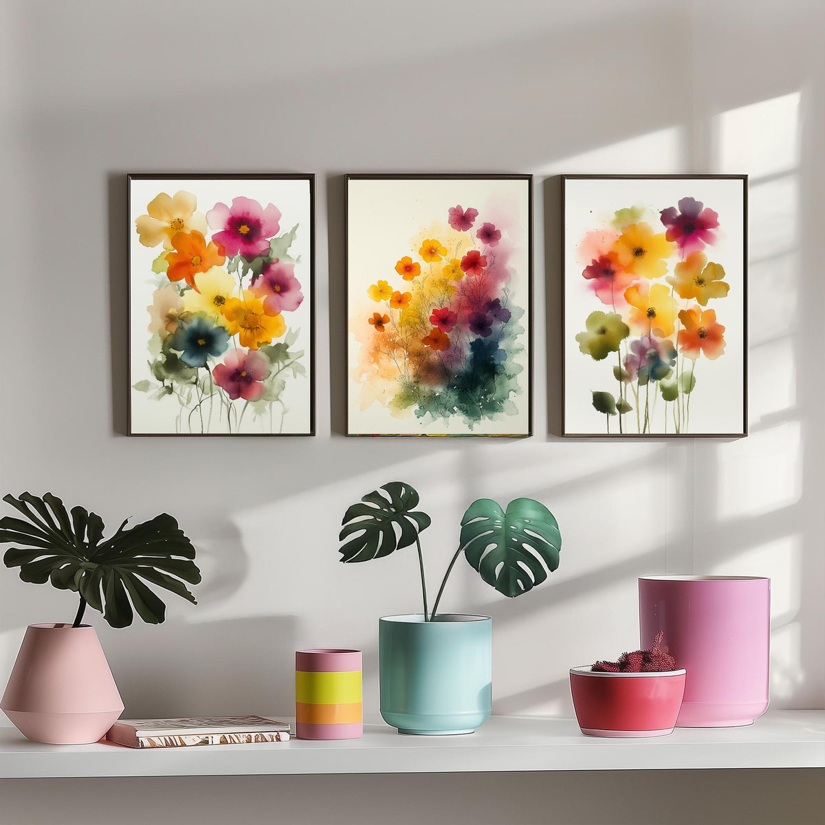 Watercolour Flowers Set of Three Art Prints - 3 Soft Bloom Posters - Dreamy Botanical Painting Wall Art Gift Pastel Floral V9