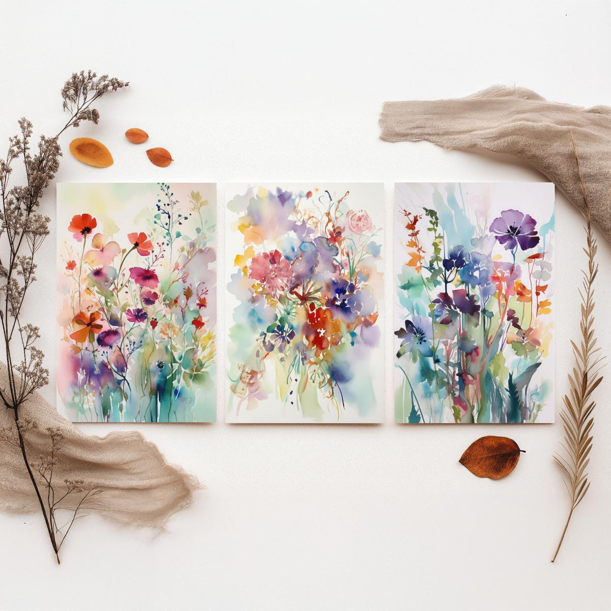 Violet Watercolour Flowers Set of Three Art Prints - 3 Purple Floral Posters - Dreamy Botanical Painting Wall Art Gift Meadow