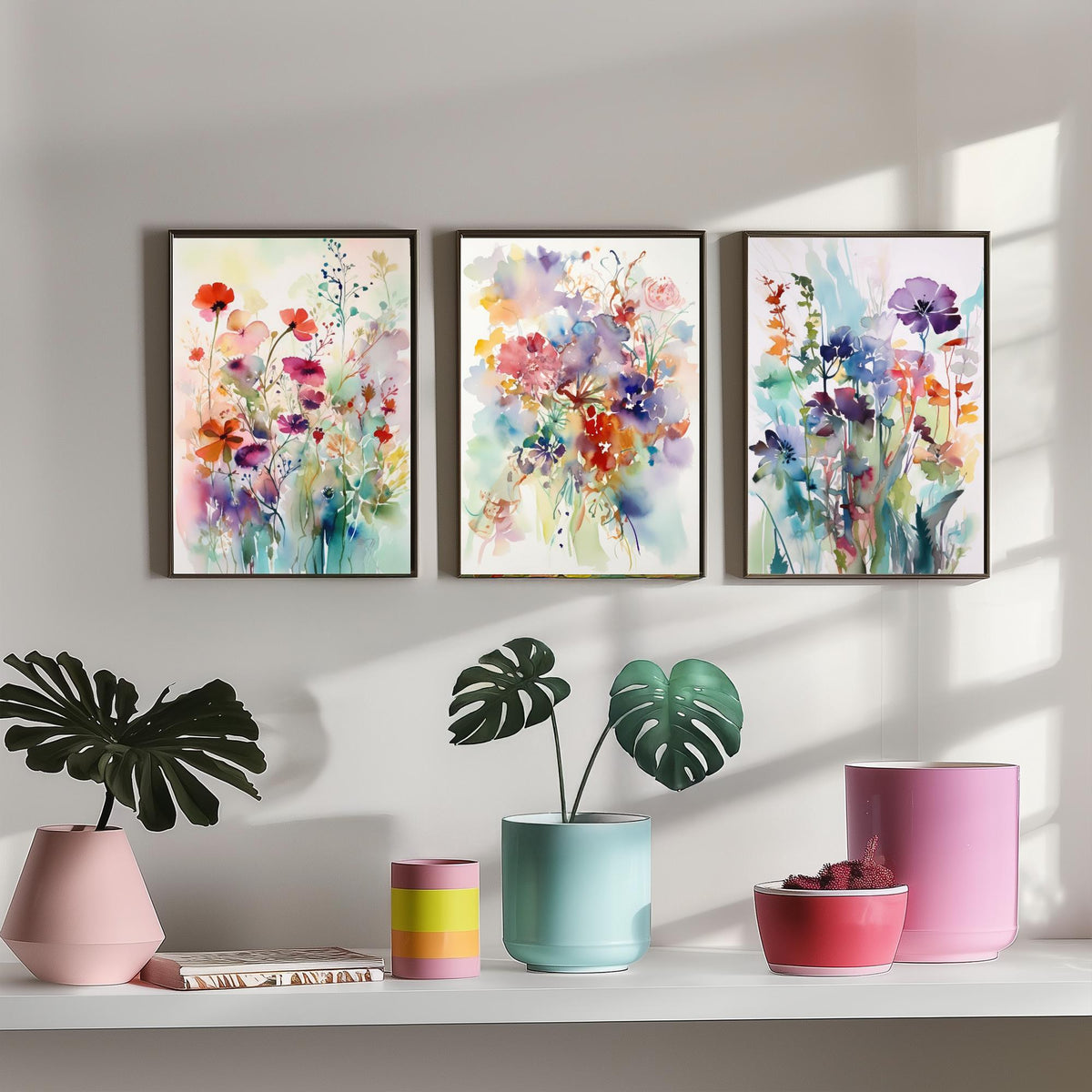 Violet Watercolour Flowers Set of Three Art Prints - 3 Purple Floral Posters - Dreamy Botanical Painting Wall Art Gift Meadow
