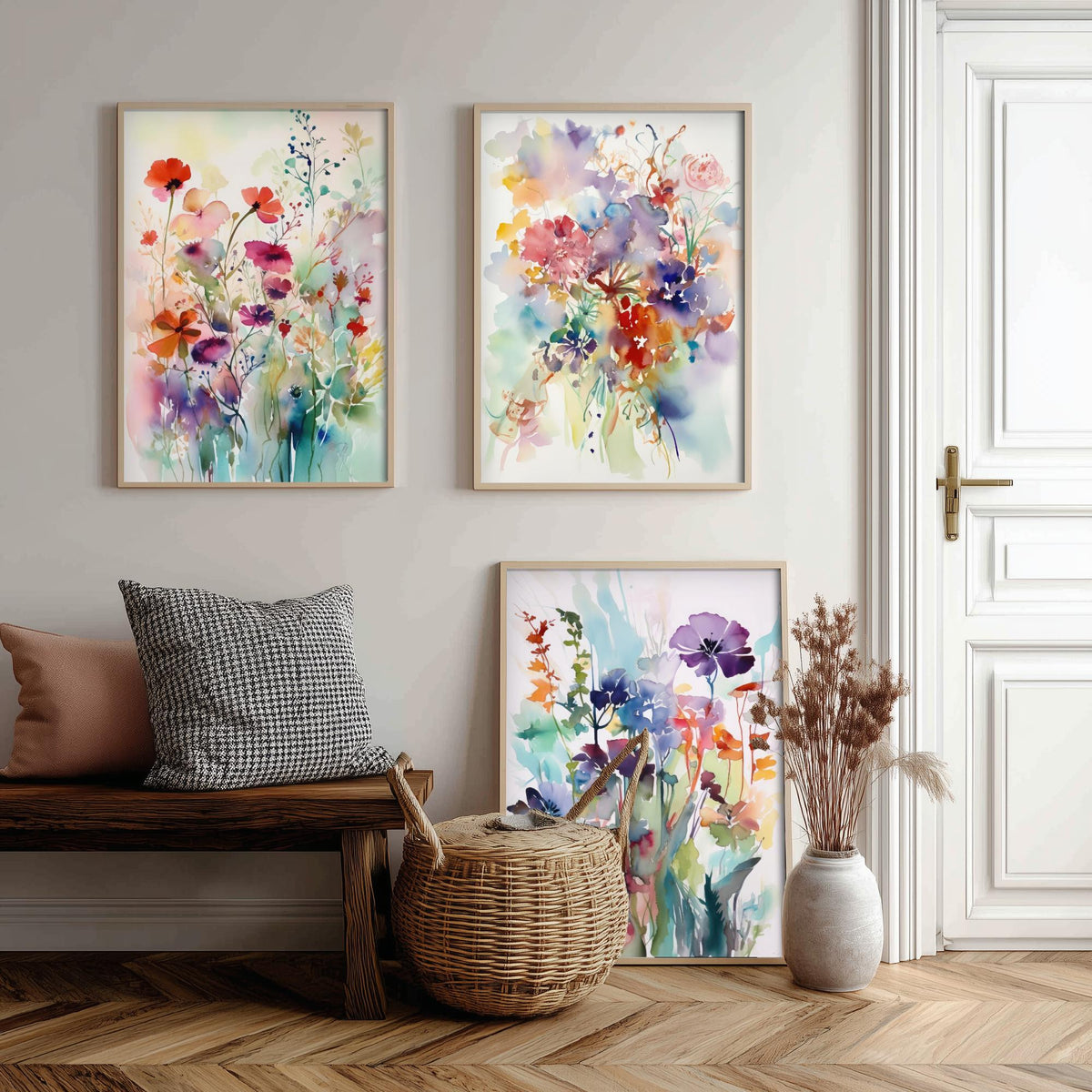 Violet Watercolour Flowers Set of Three Art Prints - 3 Purple Floral Posters - Dreamy Botanical Painting Wall Art Gift Meadow