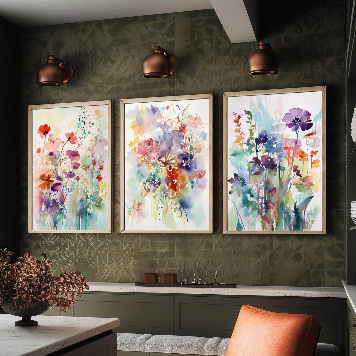 Violet Watercolour Flowers Set of Three Art Prints - 3 Purple Floral Posters - Dreamy Botanical Painting Wall Art Gift Meadow