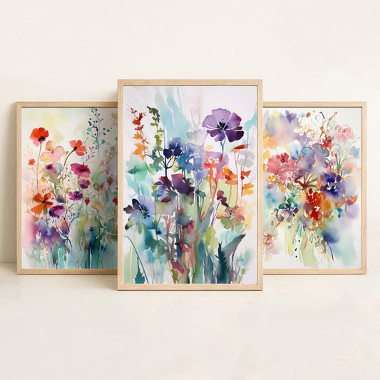 Violet Watercolour Flowers Set of Three Art Prints - 3 Purple Floral Posters - Dreamy Botanical Painting Wall Art Gift Meadow