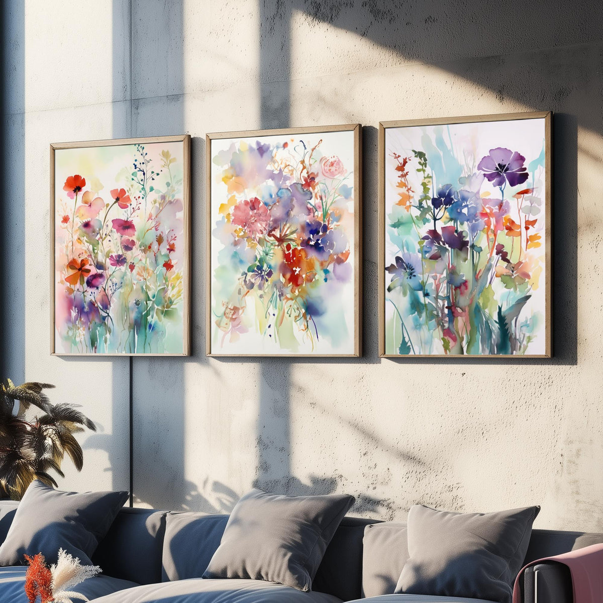 Violet Watercolour Flowers Set of Three Art Prints - 3 Purple Floral Posters - Dreamy Botanical Painting Wall Art Gift Meadow