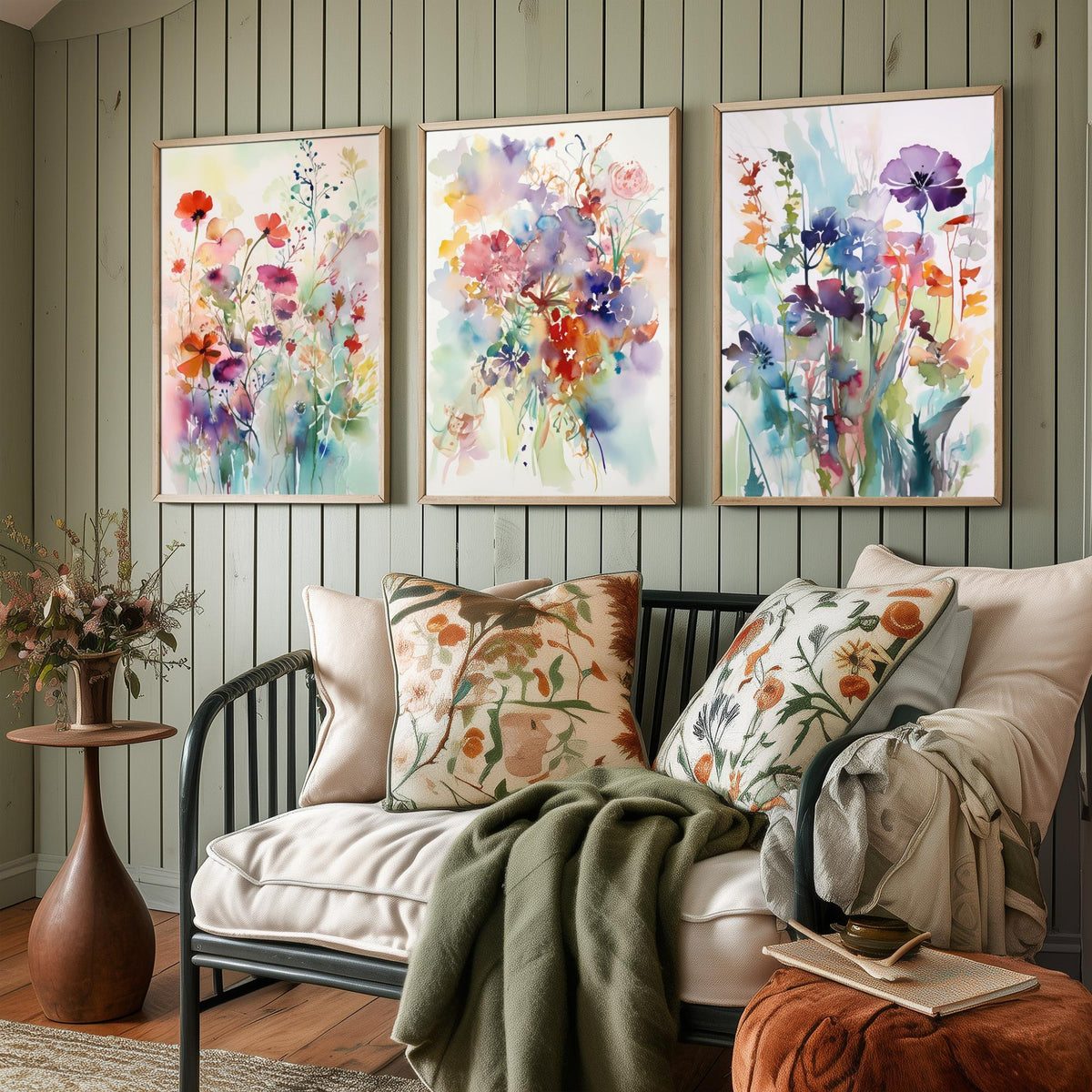 Violet Watercolour Flowers Set of Three Art Prints - 3 Purple Floral Posters - Dreamy Botanical Painting Wall Art Gift Meadow