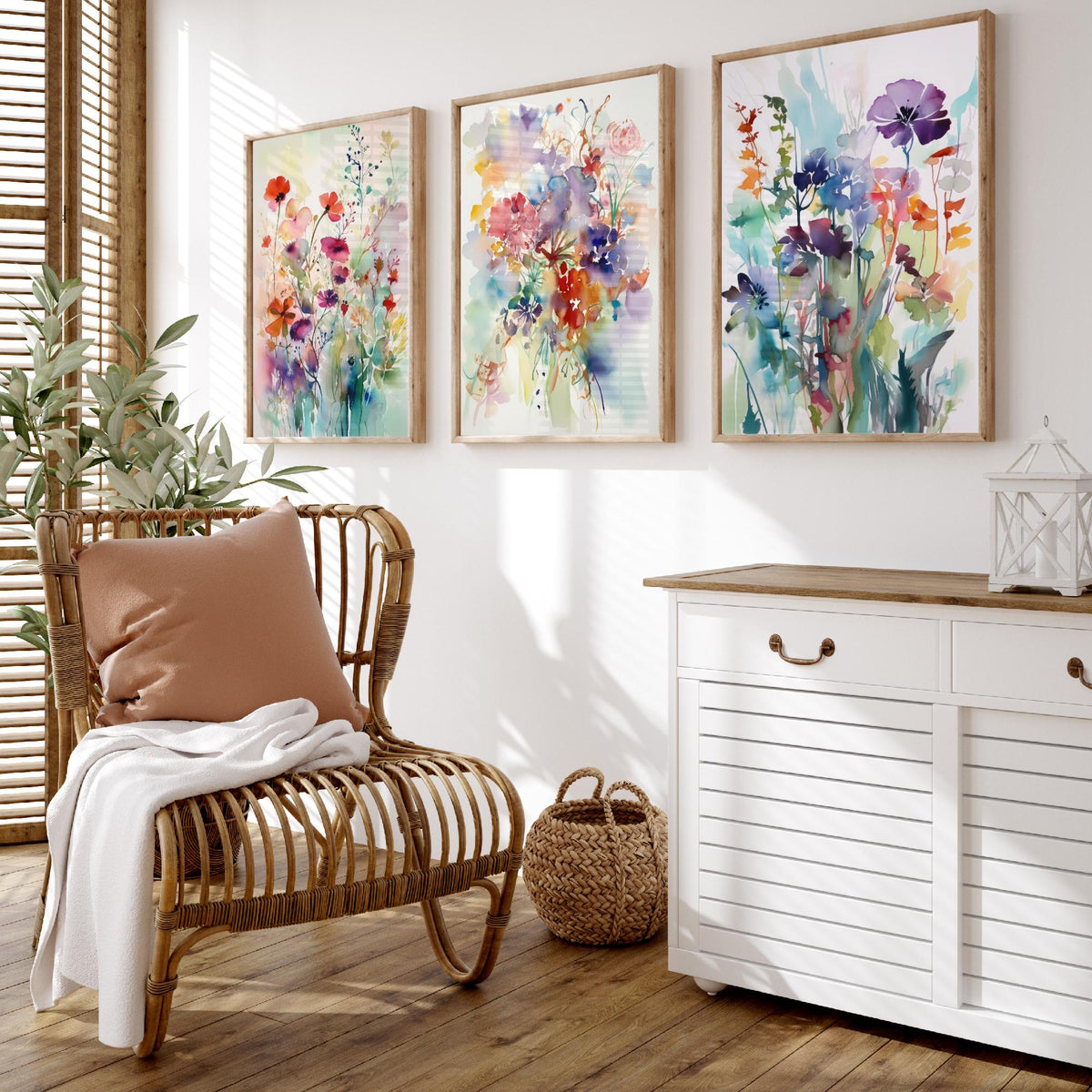 Violet Watercolour Flowers Set of Three Art Prints - 3 Purple Floral Posters - Dreamy Botanical Painting Wall Art Gift Meadow