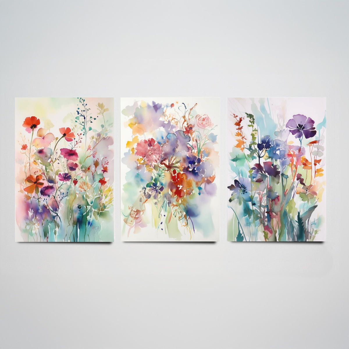 Violet Watercolour Flowers Set of Three Art Prints - 3 Purple Floral Posters - Dreamy Botanical Painting Wall Art Gift Meadow